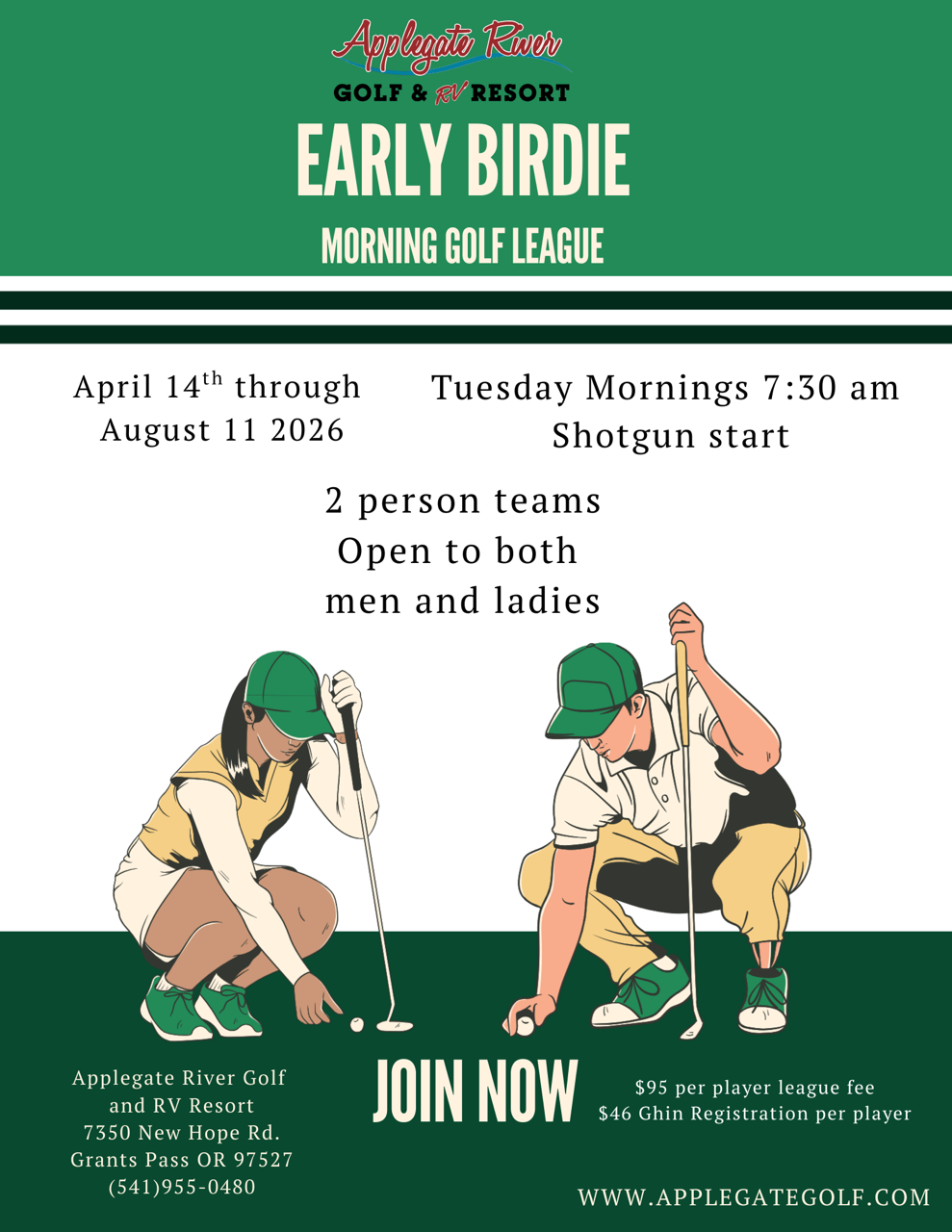 early birdie league applegate river golf & RV resort 2026