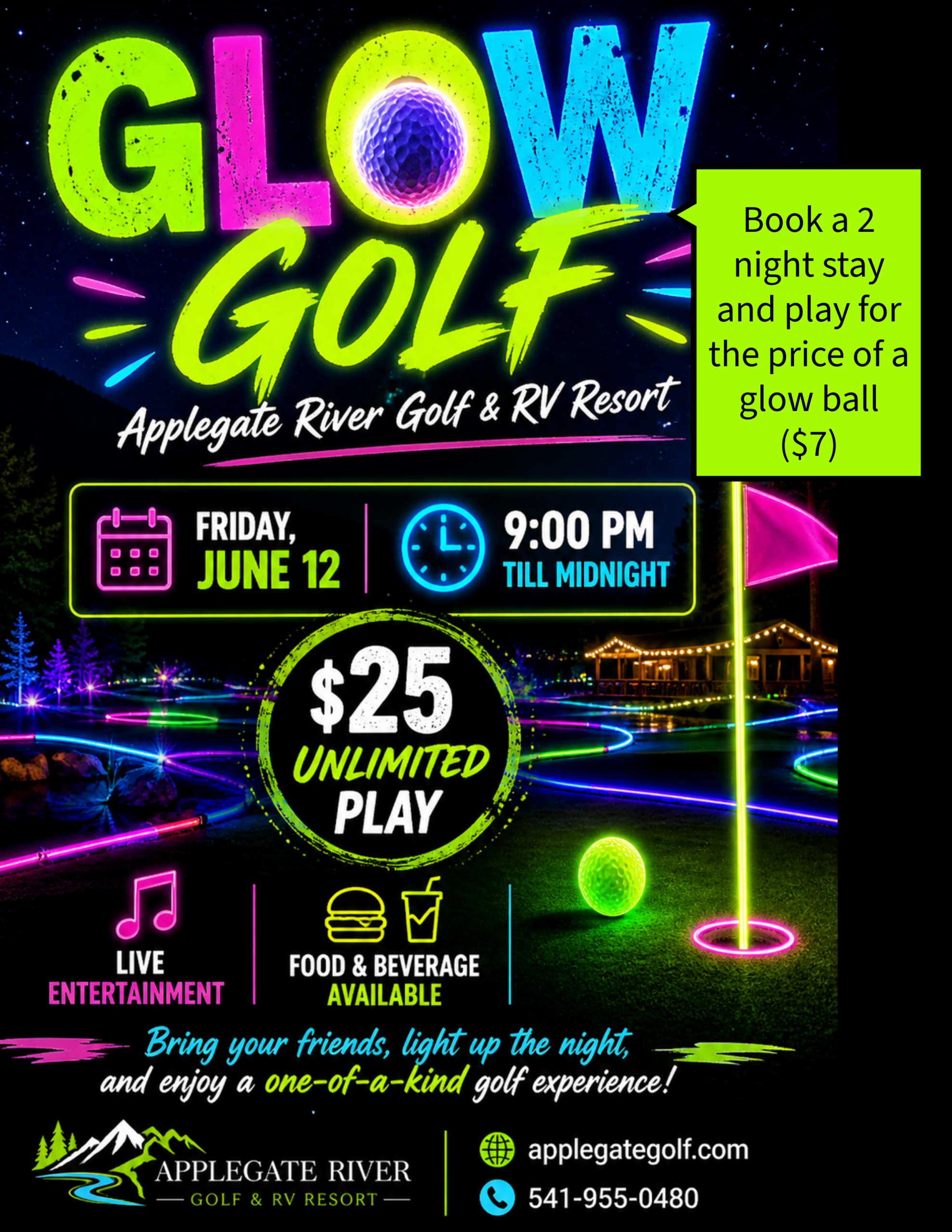 glow golf event June 12, 2026 at Applegate River Golf & RV Resort