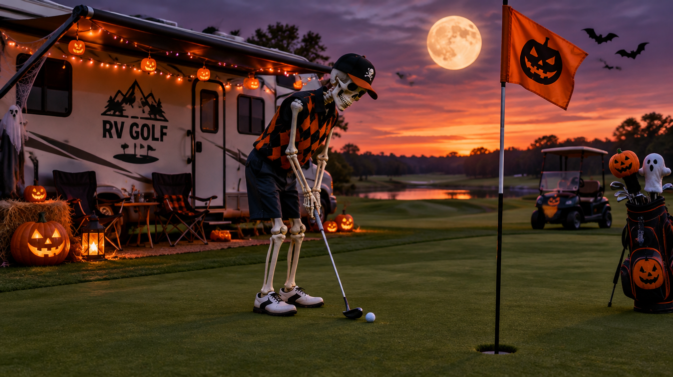 skeletal golf and rv scene in the sunset